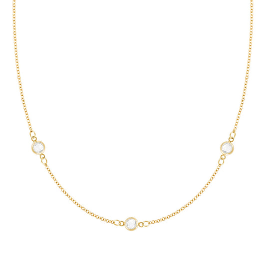 Personalized cable chain necklace featuring three 4 mm briolette cut gemstones bezel set in 14k yellow gold - front view