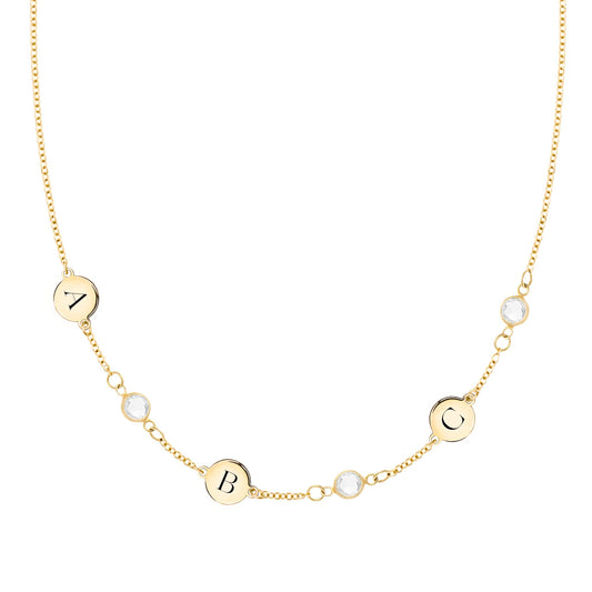 3 Letter & 3 Petite Birthstone Necklace in 14k Gold (Single Spacing)