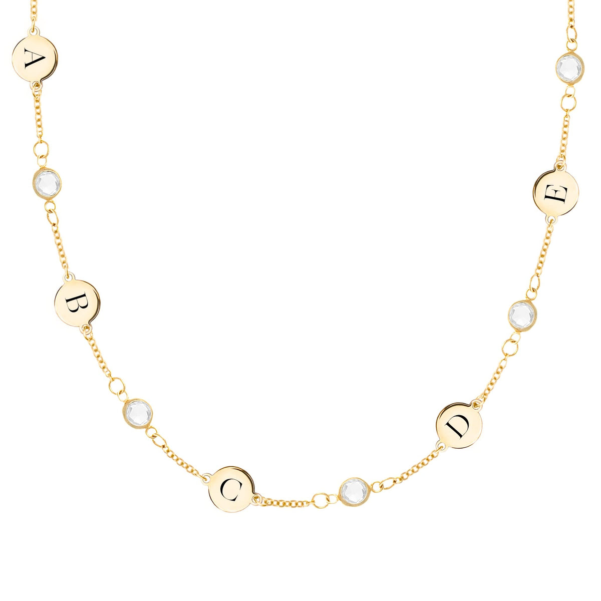 5 Letter & 5 Petite Birthstone Necklace in 14k Gold (Single Spacing)