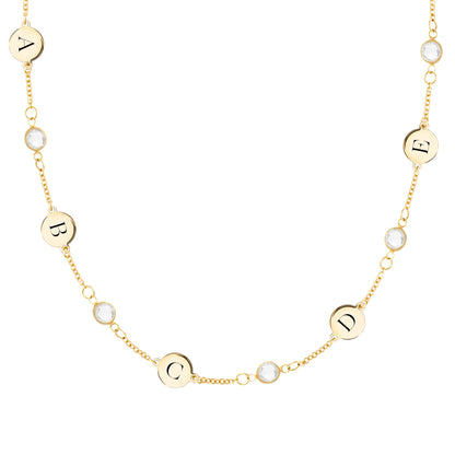 5 Letter & 5 Petite Birthstone Necklace in 14k Gold (Single Spacing)