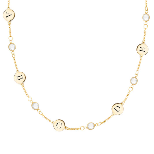 5 Letter & 5 Petite Birthstone Necklace in 14k Gold (Single Spacing)