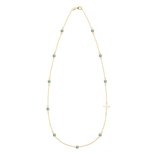 Bayberry Nantucket Blue Topaz Birthstone Cross Necklace in 14k Gold (December)