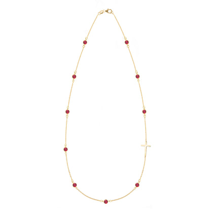 Bayberry Ruby Birthstone Cross Necklace in 14k Gold (July)
