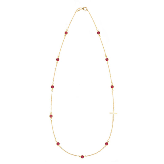 Bayberry Ruby Birthstone Cross Necklace in 14k Gold (July)