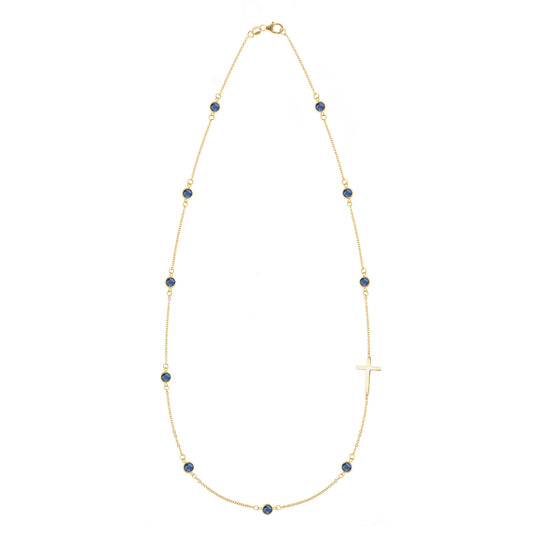 Bayberry Sapphire Birthstone Cross Necklace in 14k Gold (September)