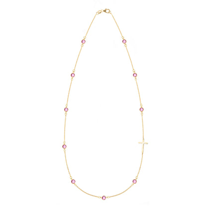 Bayberry Pink Sapphire Birthstone Cross Necklace in 14k Gold (October)