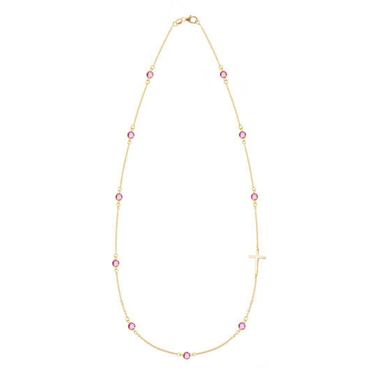 Bayberry Pink Sapphire Birthstone Cross Necklace in 14k Gold (October)