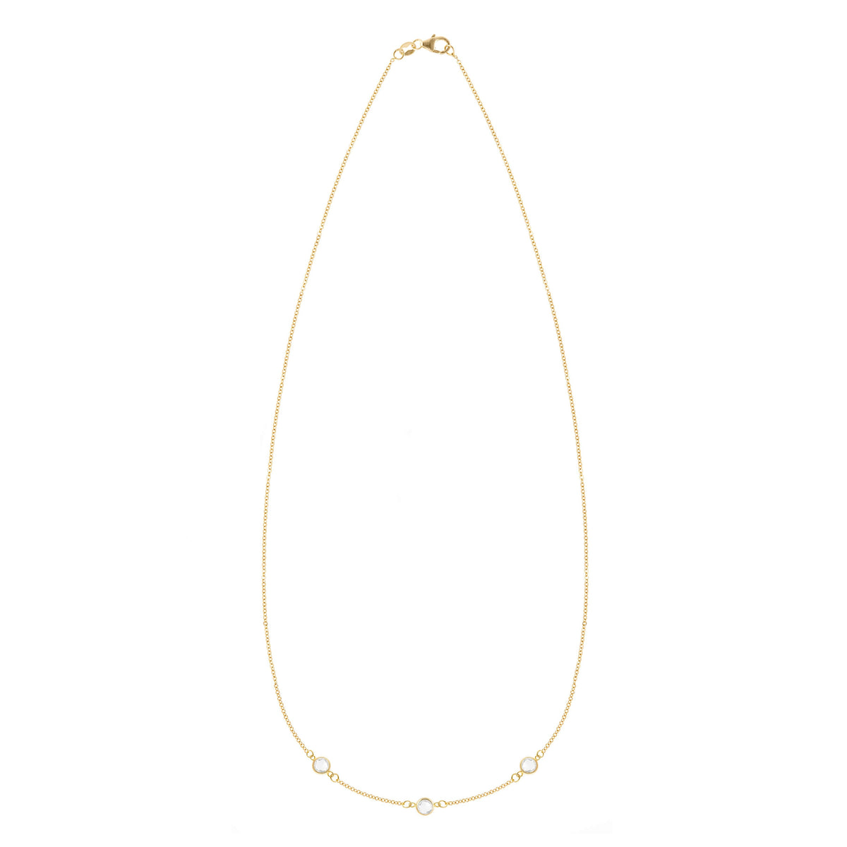 Personalized cable chain necklace featuring three 4 mm briolette cut gemstones bezel set in 14k yellow gold