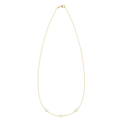 Personalized cable chain necklace featuring three 4 mm briolette cut gemstones bezel set in 14k yellow gold