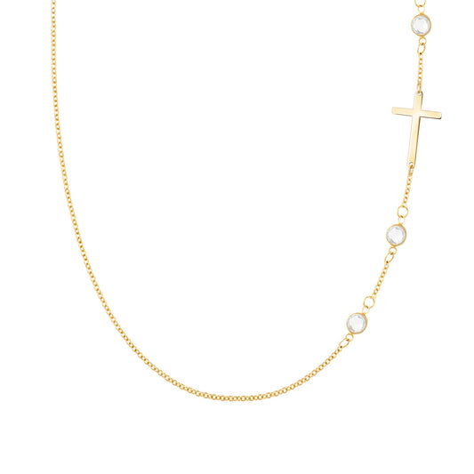 Cross & Petite 3 Birthstone Necklace in 14k Gold