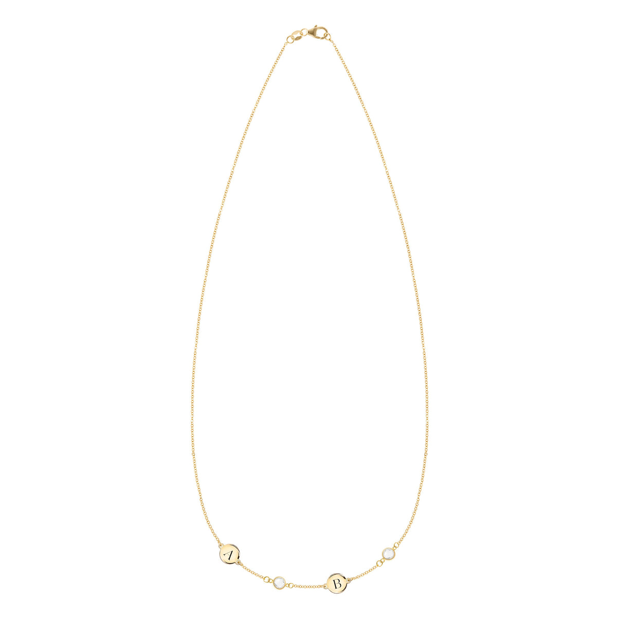 2 Letter & 2 Petite Birthstone Necklace in 14k Gold (Single Spacing)