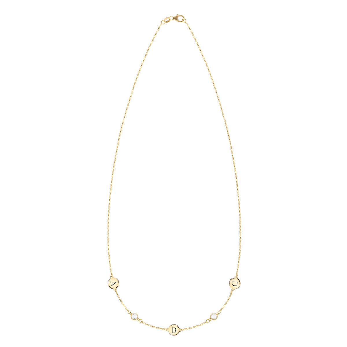 3 Letter & 2 Petite Birthstone Necklace in 14k Gold (Double Spacing)
