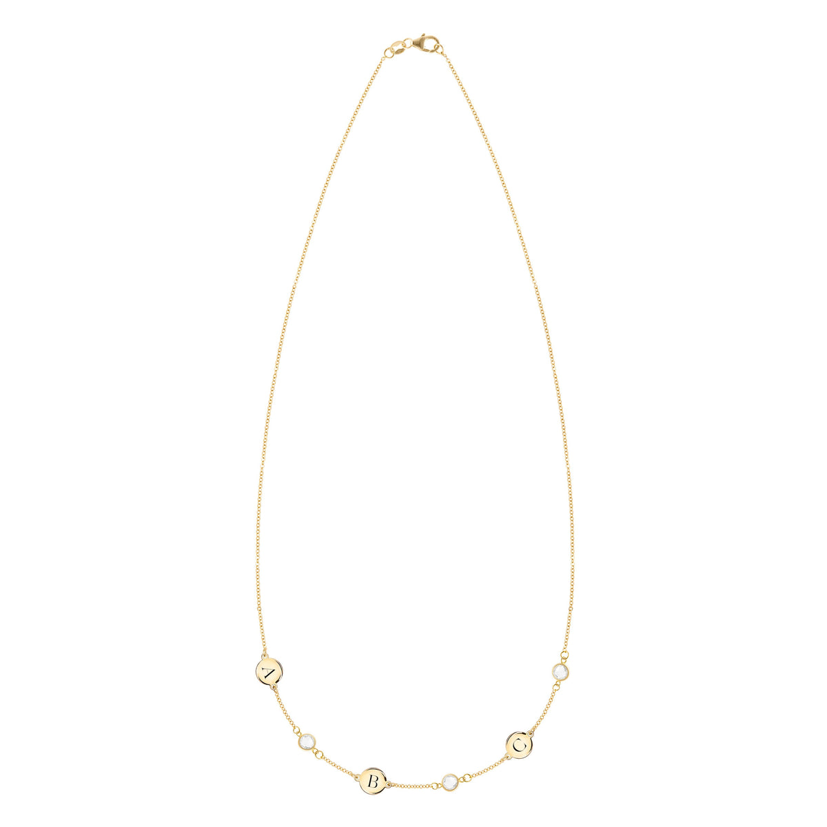3 Letter & 3 Petite Birthstone Necklace in 14k Gold (Single Spacing)