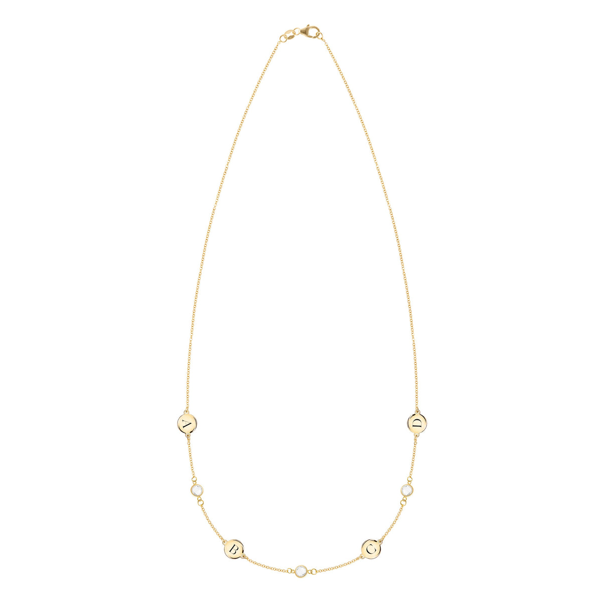 4 Letter & 3 Petite Birthstone Necklace in 14k Gold (Double Spacing)