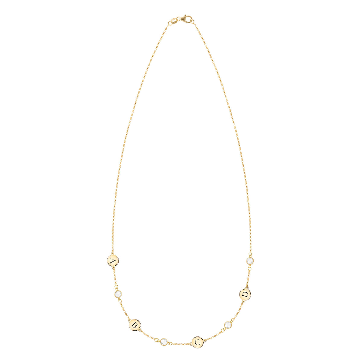 4 Letter & 4 Petite Birthstone Necklace in 14k Gold (Single Spacing)