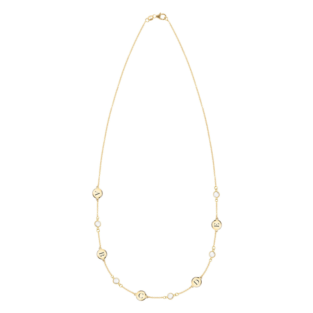 5 Letter & 5 Petite Birthstone Necklace in 14k Gold (Single Spacing)