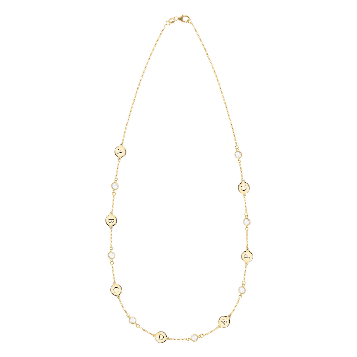 7 Letter & 7 Petite Birthstone Necklace in 14k Gold (Single Spacing)