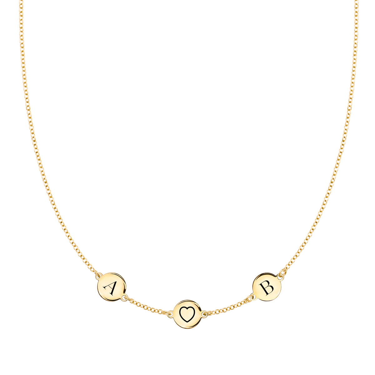 Heart Disc & 2 Letter Necklace in 14k Gold (Single Spacing)