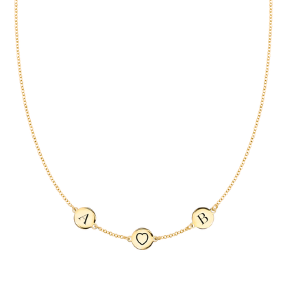 Heart Disc & 2 Letter Necklace in 14k Gold (Single Spacing)