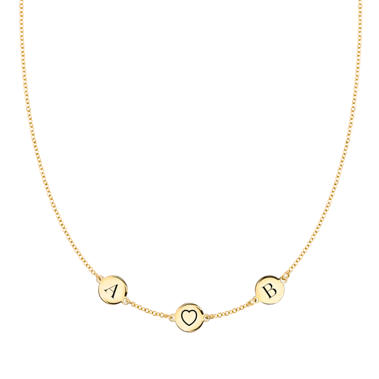 Heart Disc & 2 Letter Necklace in 14k Gold (Single Spacing)