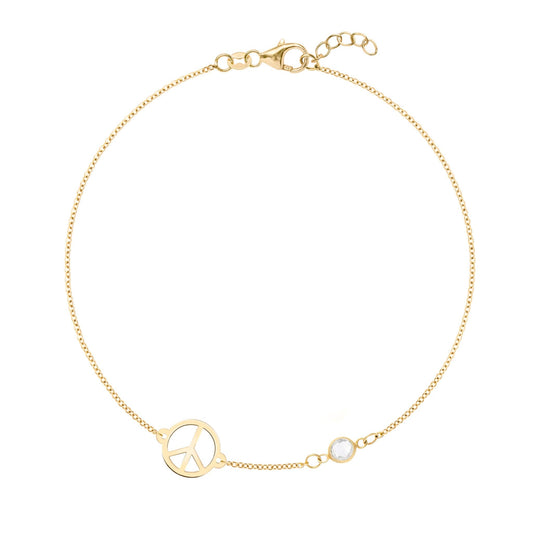Peace Sign & 1 Birthstone Bracelet in 14k Gold