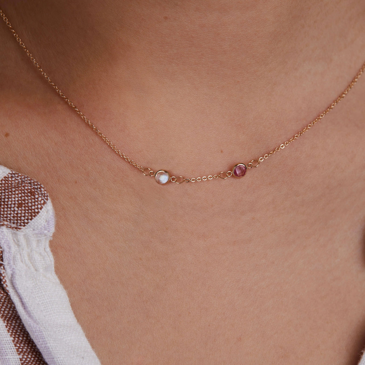 Petite 2 Birthstone Necklace in 14k Gold (Centered)