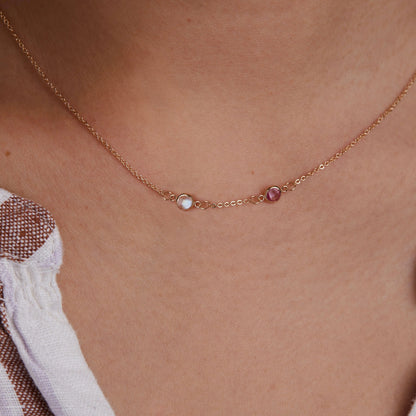 Petite 2 Birthstone Necklace in 14k Gold (Centered)