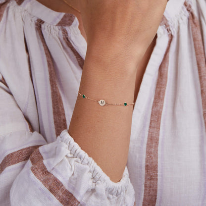 1 Letter & 4 Petite Emerald Bracelet in 14k Gold (May)