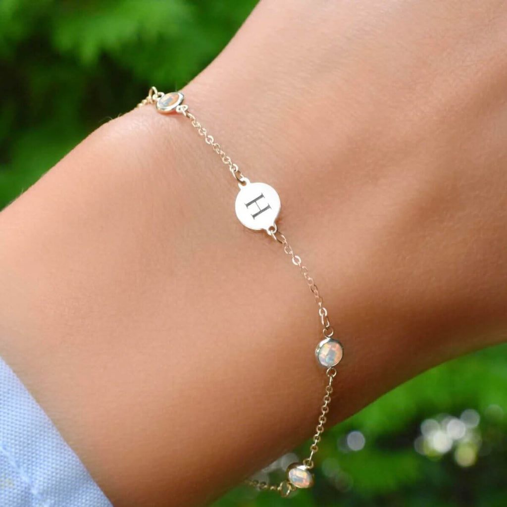 1 Letter & 4 Petite Opal Bracelet  in 14k Gold (October)