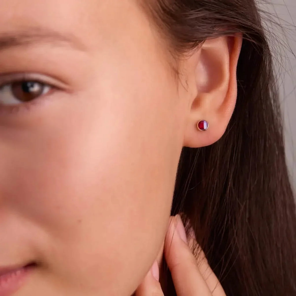 Petite Ruby Stud Earrings in 14k Gold (July)