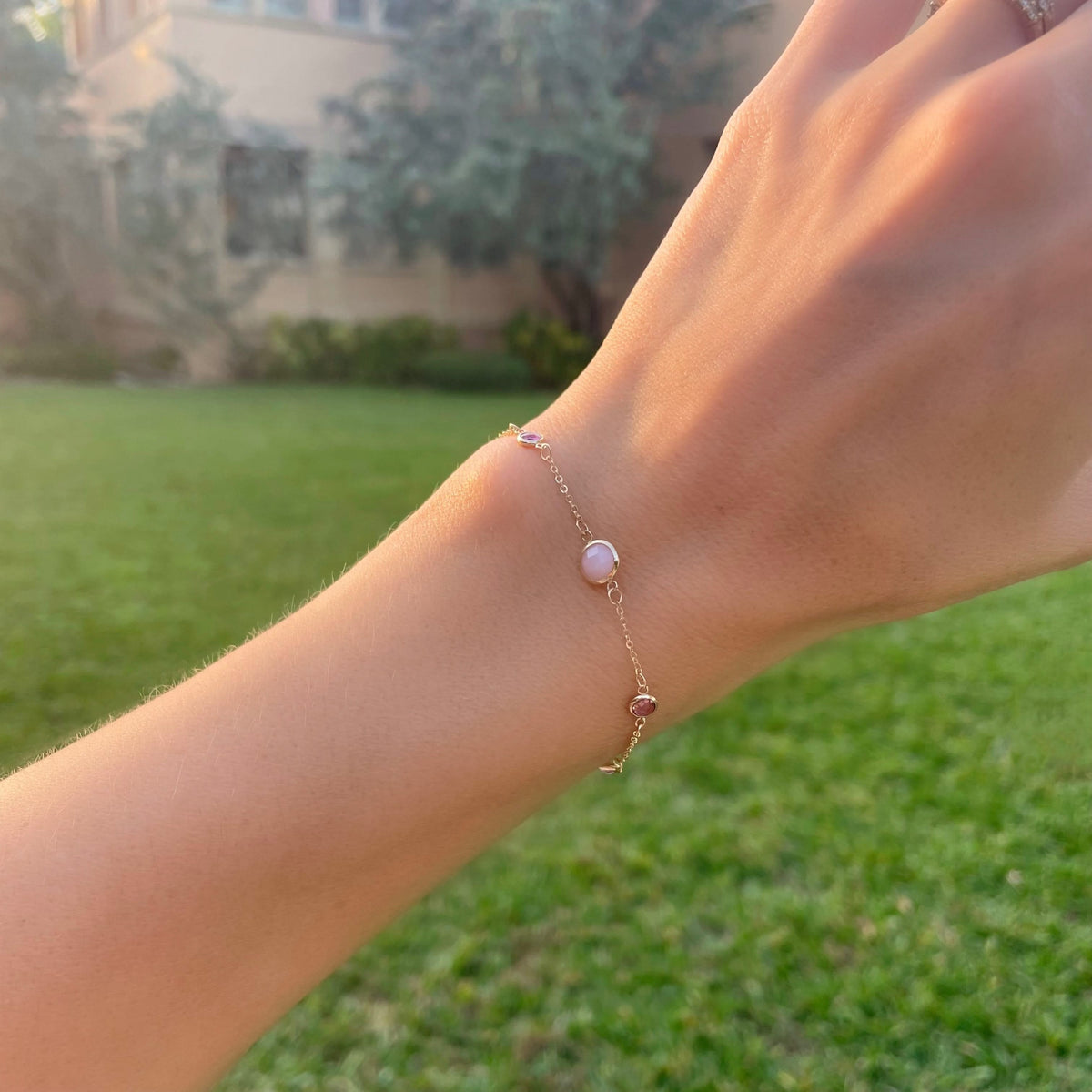 1 Grand Pink Opal & 4 Petite Pink Sapphire Bracelet in 14k Gold (October)
