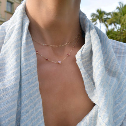 1 Grand Pink Opal & 4 Petite Pink Sapphire Necklace in 14k Gold (October)