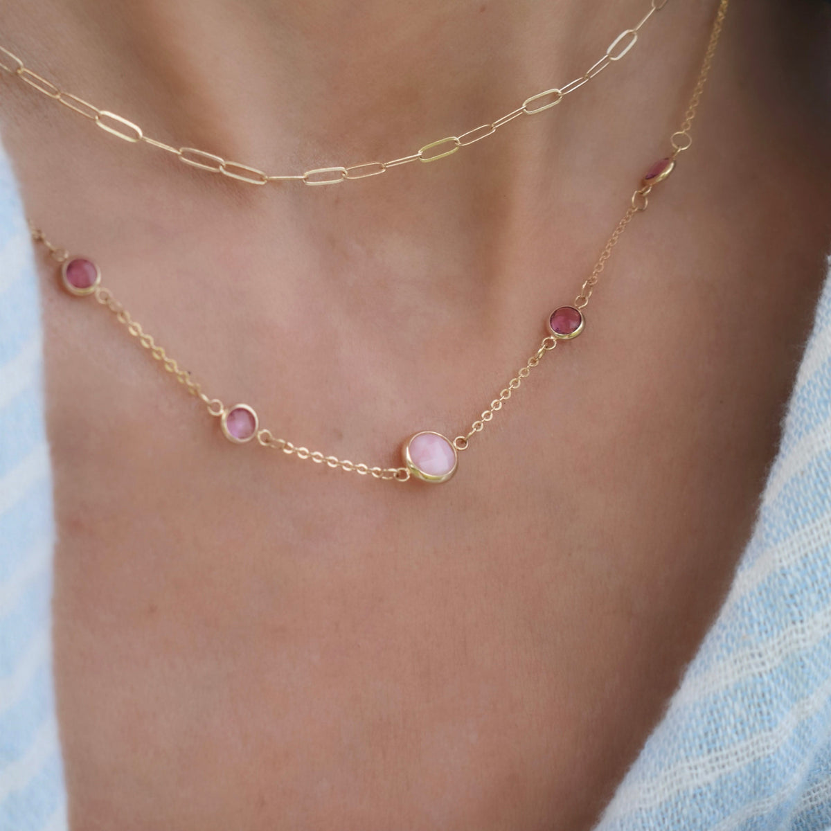 1 Grand Pink Opal & 4 Petite Pink Sapphire Necklace in 14k Gold (October)