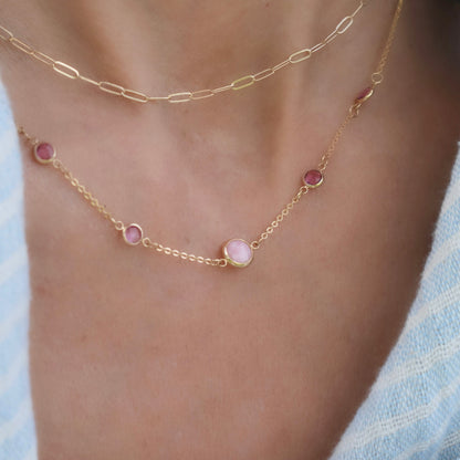 1 Grand Pink Opal & 4 Petite Pink Sapphire Necklace in 14k Gold (October)