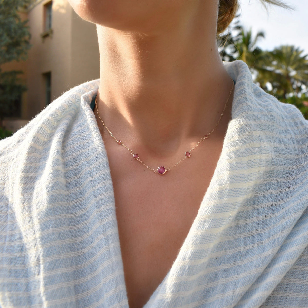 1 Grand & 4 Petite Pink Sapphire Necklace in 14k Gold (October)