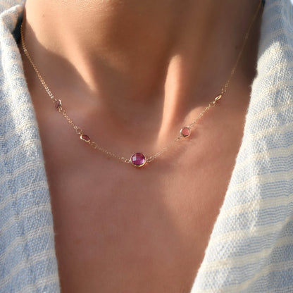 1 Grand & 4 Petite Pink Sapphire Necklace in 14k Gold (October)