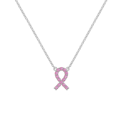 Pink Awareness Pave Ribbon Necklace in 14k Gold