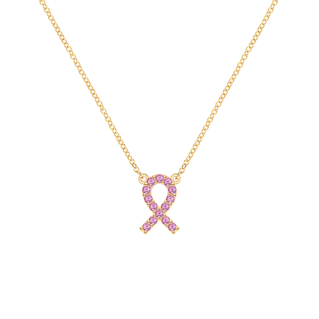 Pink Awareness Pave Ribbon Necklace in 14k Gold