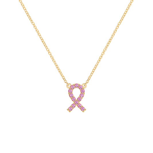 Pink Awareness Pave Ribbon Necklace in 14k Gold