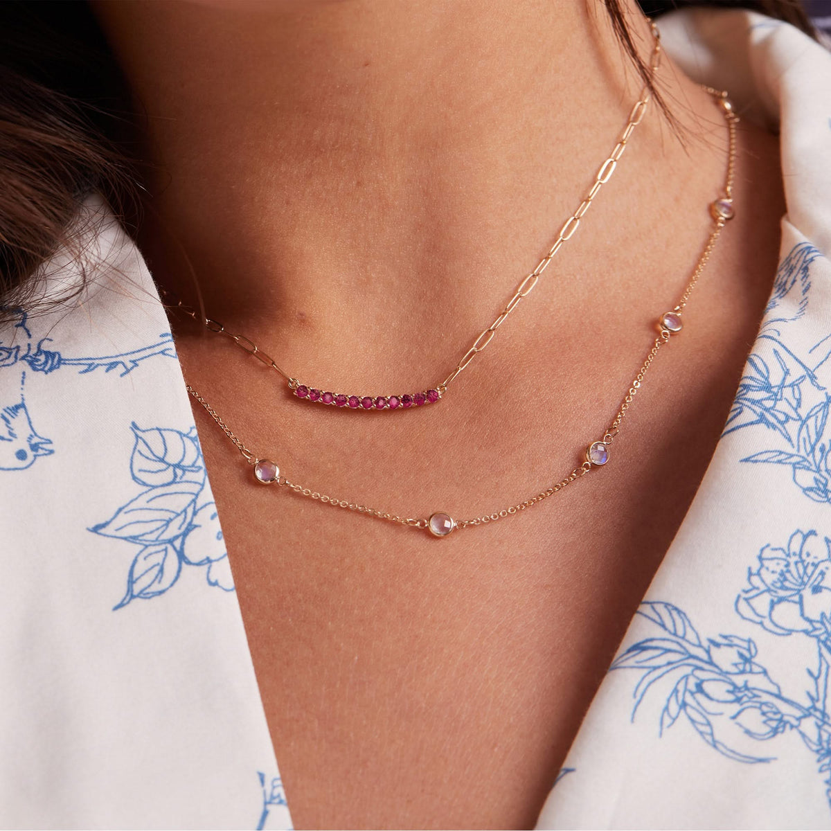 Rosecliff Ruby Bar Adelaide Mini Necklace in 14k Gold (July)