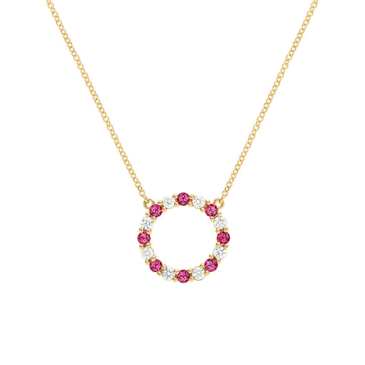 Rosecliff Circle Diamond & Ruby Necklace in 14k Gold (July)