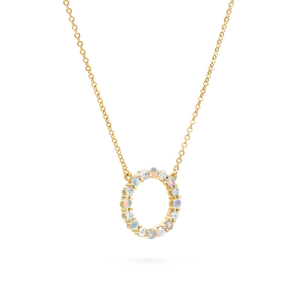 Rosecliff Circle Diamond & Opal Necklace in 14k Gold (October)