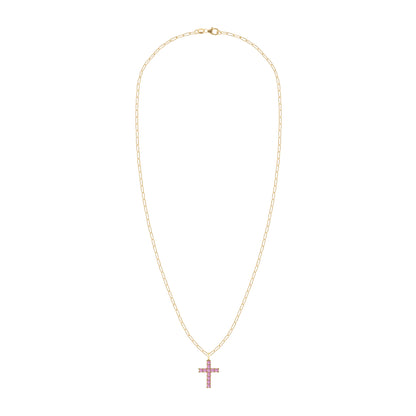 Rosecliff Cross Pink Sapphire Pendant in 14k Gold (October)