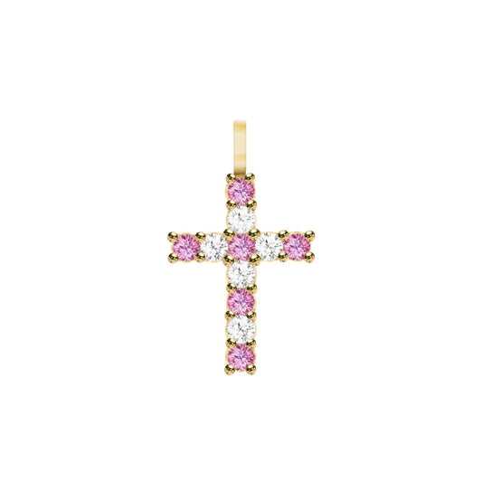 Rosecliff Cross Diamond & Pink Sapphire Pendant in 14k Gold (October)