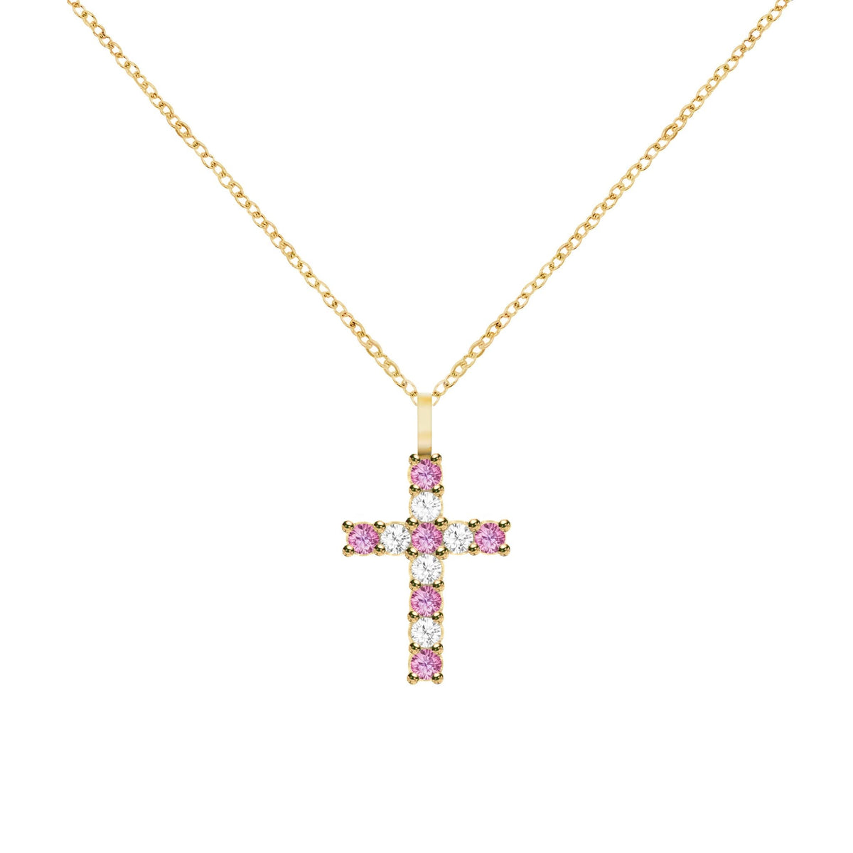 Rosecliff Cross Diamond & Pink Sapphire Pendant in 14k Gold (October)