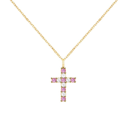 Rosecliff Cross Diamond & Pink Sapphire Pendant in 14k Gold (October)
