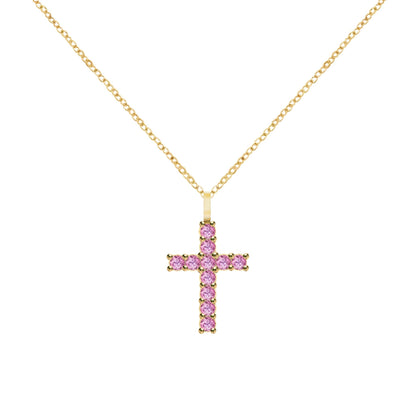Rosecliff Cross Pink Sapphire Pendant in 14k Gold (October)