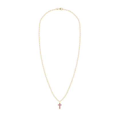 Rosecliff Small Cross Pink Sapphire Pendant in 14k Gold (October)