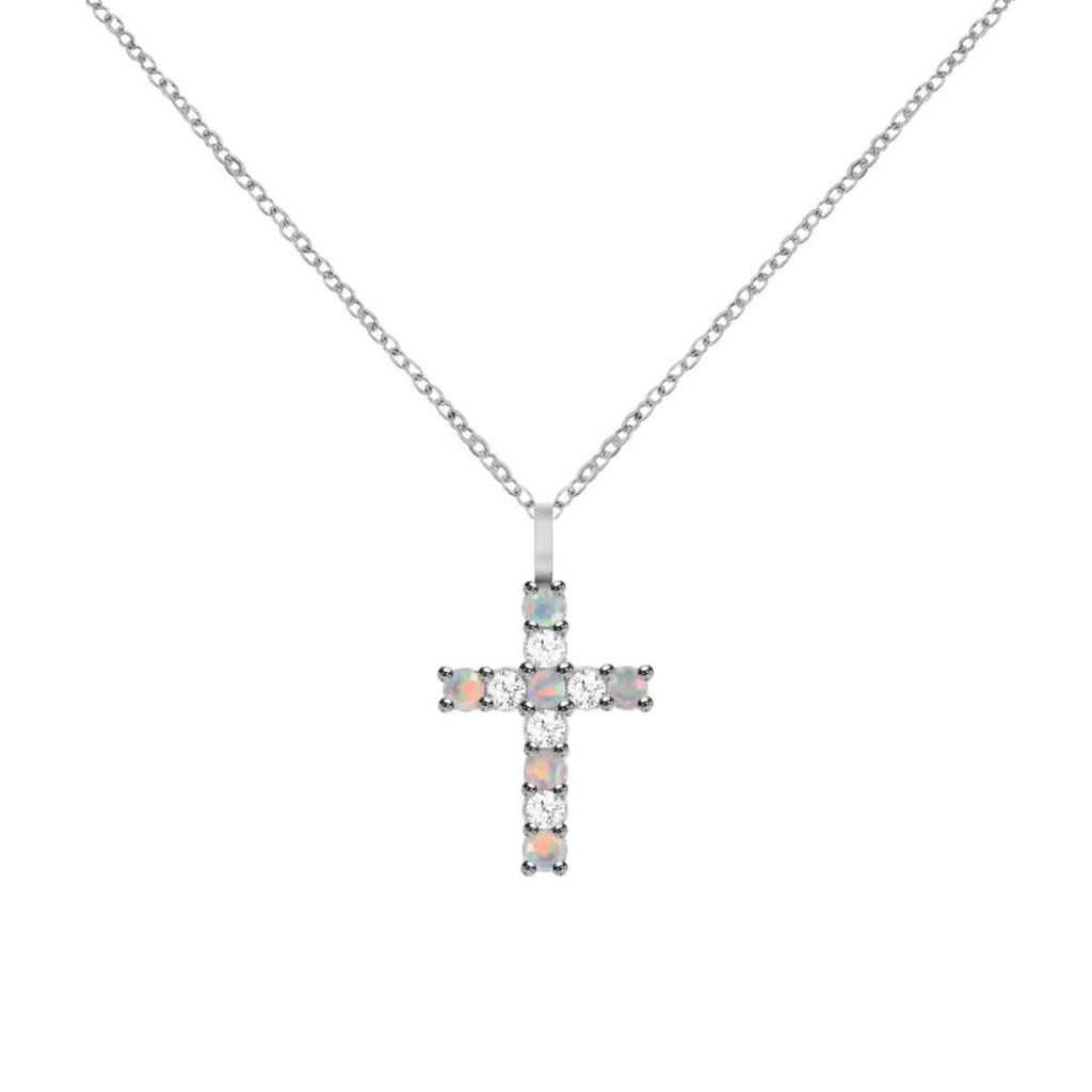Rosecliff Cross Diamond & Opal Pendant in 14k Gold (October)