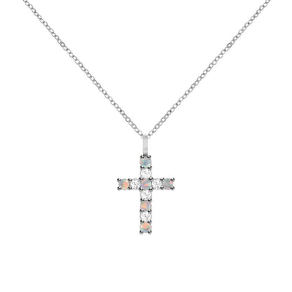 Rosecliff Cross Diamond & Opal Pendant in 14k Gold (October)